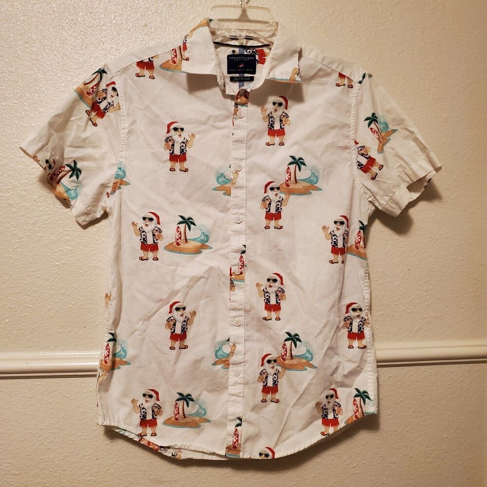Denim & Flower Brand Santa Claus Surf Hawaiian Style Shirt Men's Size Small